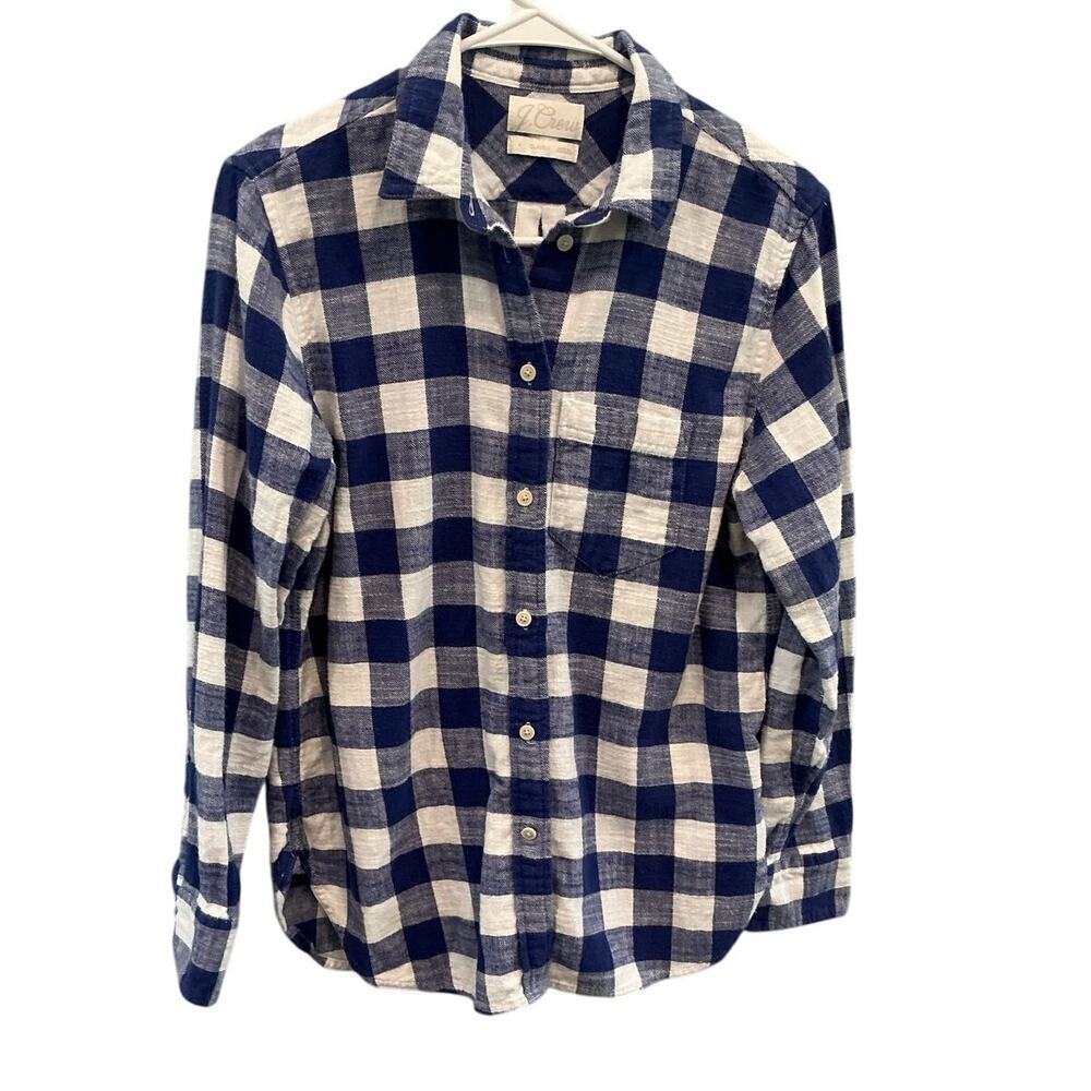J.Crew Womens Flannel Button Up Shirt Size 4 Blue White Plaid Fall Transitional‎